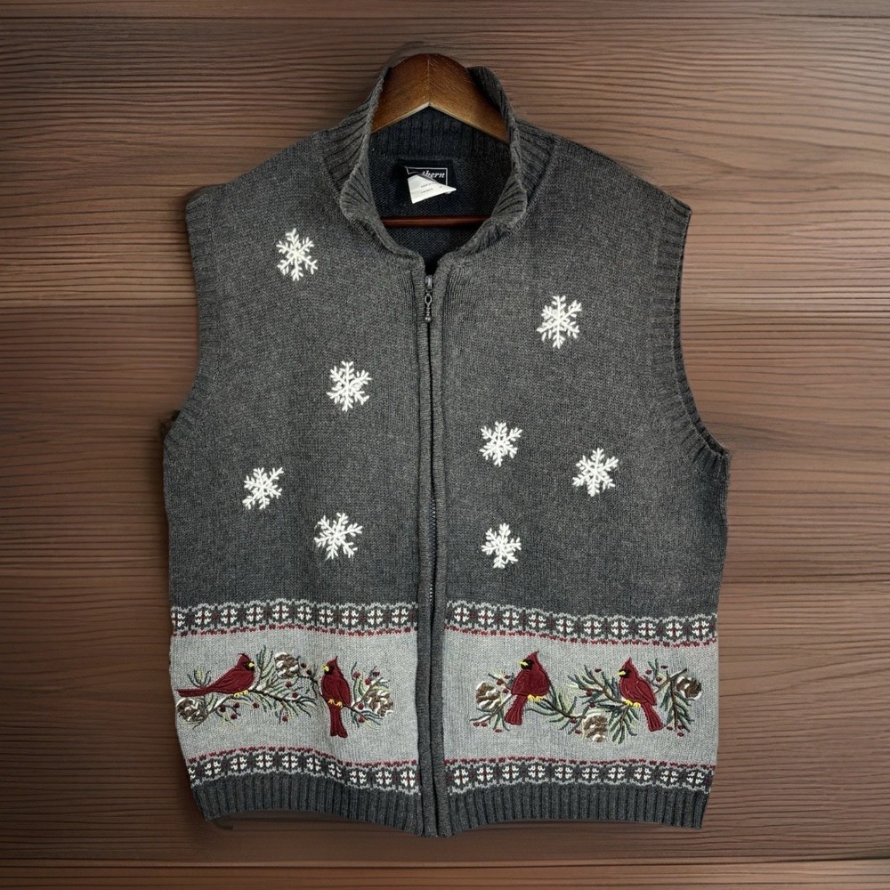 Vintage Cardinal Cardigan Sweater Vest L Gray embroidered Snowflake Bird Zip